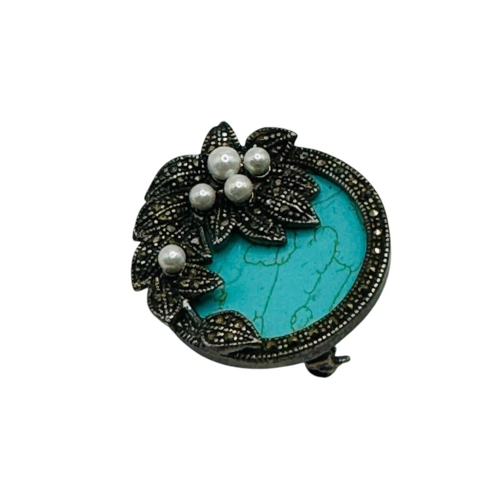 Vtg925 Sterling Turquoise Marcasite Flower Pearl Pin/Brooch 1.25"x1.25" 11.37 Gr